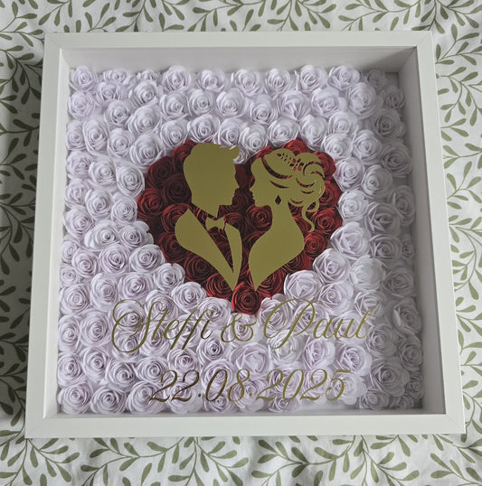 Personalisierter 3D Blumenrahmen Hochzeit – Namen & Datum in Gold